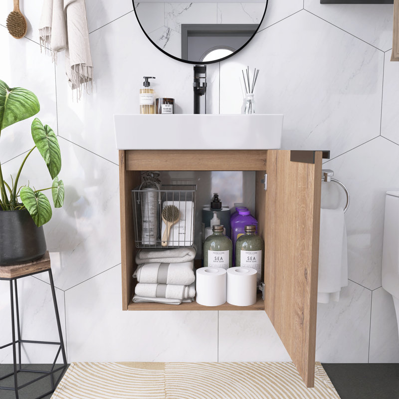 Meuble-lavabo flottant 18 po avec poignée en métal, lavabo imitation chêne et vasque intégrée en céramique