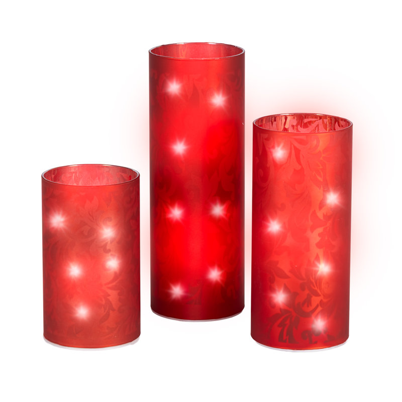 Illuminated Battery Operated Lighted Red Glass Luminaries Lg with Holiday Scene