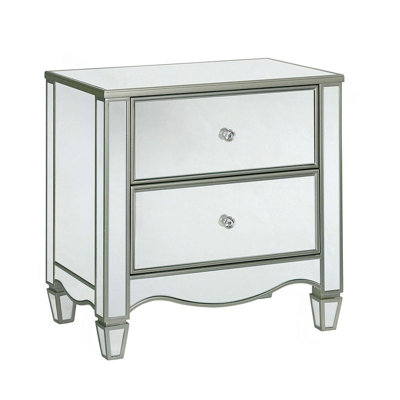 1Pc Nightstand Mirror Panels Ornate Accents Curved Feet Crystal Drawer Knobs Bedside Table Bedroom Furniture