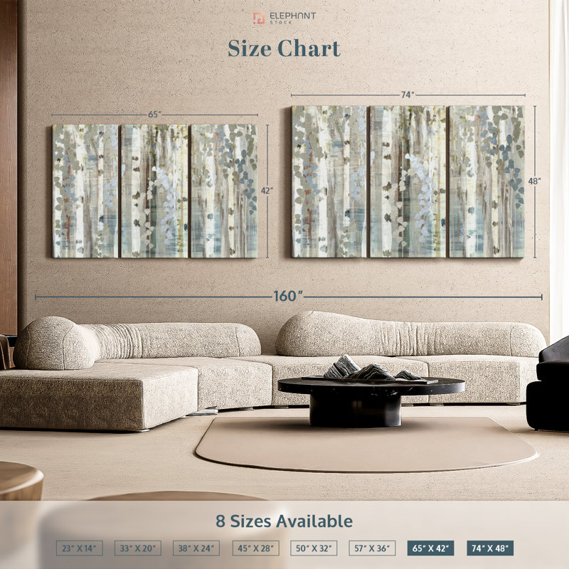 «Birch Wood Meadow», 3 pièces sur toile, H 48 po x l 74 po x P 1,25 po