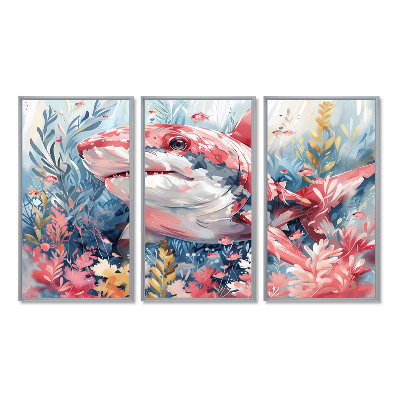 Aquarelle de requin rose et gris I - Sharkwall Art Wall Art, ensemble de salon, Toile argentée avec cadre flottant