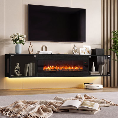 70" Floating TV Stand with 36" Decorative Fireplace(No Heat), Wall Mounted Fireplace Entertainment Centre with 2 Glass Storage Cabinets, for TVs Up to 80", Media TV Console for Living Room