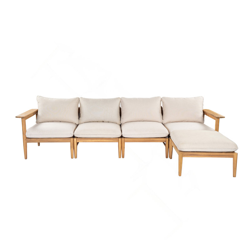 Canapé d'extérieur en forme de L en bois d'acacia, finition teck clair avec coussin beige