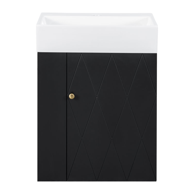 Meuble-lavabo compact et moderne, panneau de fibres à densité moyenne noir avec détails dorés pour les petits espaces
