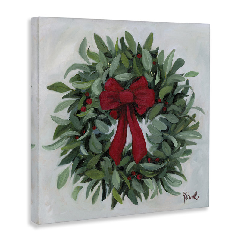 Wreath with Red Bow Canvas Wall Art by Kate Sherrill, 30" H x 30" W