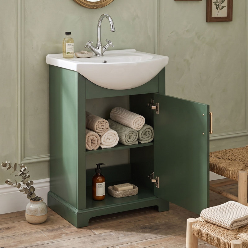 Meuble-lavabo autoportant de style français avec lavabo en céramique, Vert