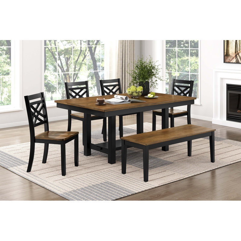 Table de salle à manger à 2 tons 6 pièces avec banc de rangement et chaises d'appoint 4X, 6 pièces: table, banc, 4 chaises