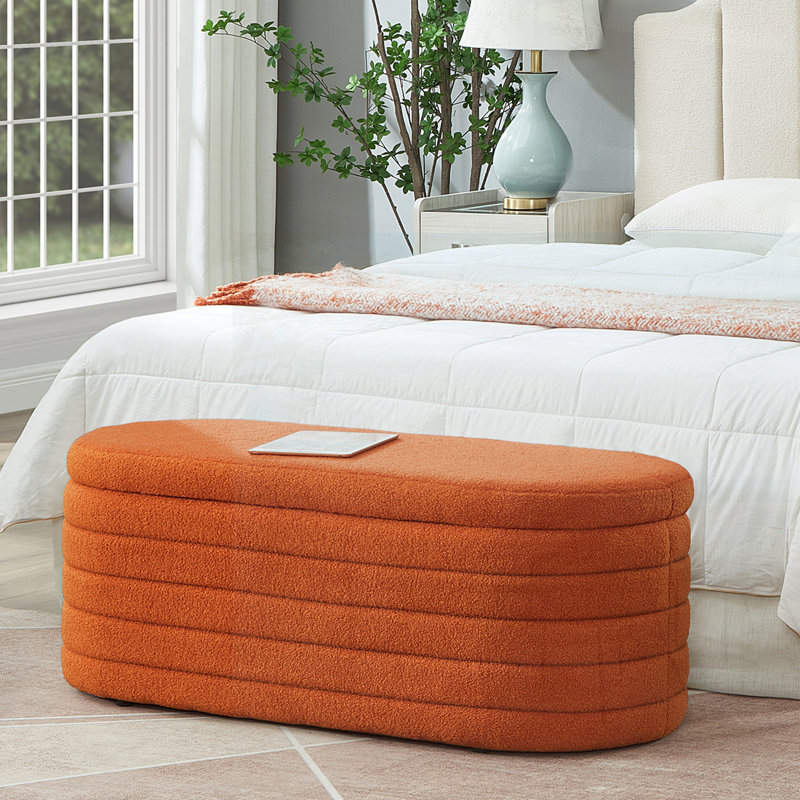 Banc de rangement moderne avec repose-pieds ovale en tissu rembourré et rembourré avec compartiment caché pour plus de sièges et de rangement