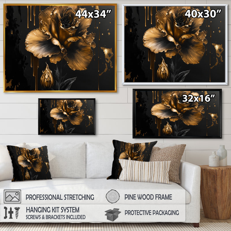 Noir et doré Glaïeul III - Glaïeul, art mural, Cadre flottant noir, H 34 po x l 44 po x P 1,5 po