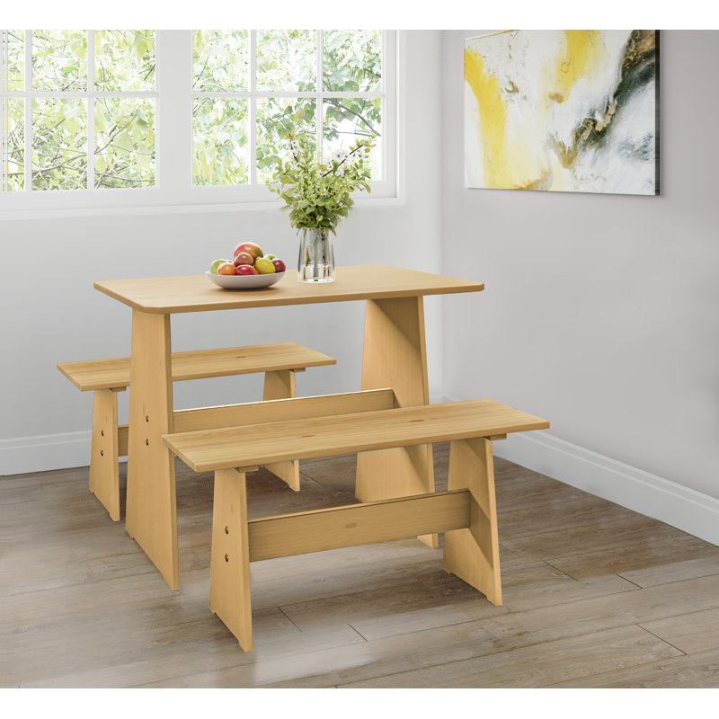 Ensemble de salle à manger 3 pièces en bois massif Farmhouse (table + 2 bancs) pour 4 personnes, compact pour les petits espaces