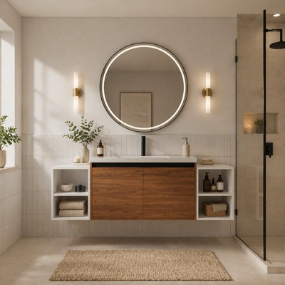 Ensemble de meuble-lavabo mural 60 po avec lavabo de comptoir en résine et 2 tablettes de rangement, 2 portes à fermeture douce (KD-Packing)
