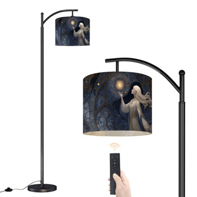 Arc Floor Lamp Celestial Dreamer Woman Reaching for Stars Planets Mystical Sky Tall Modern Standing Lamp LED Adjustable Linen Lampshade 3 Color Temper