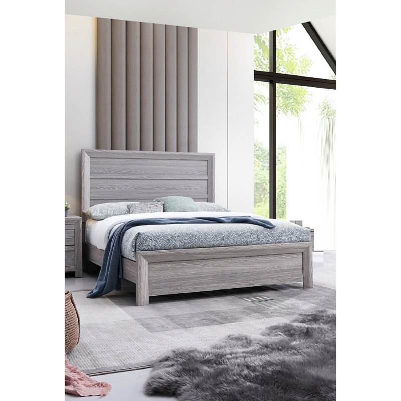 Lit de chambre à coucher d'apparence rustique, de couleur grise et de construction de style contemporain, Lit double