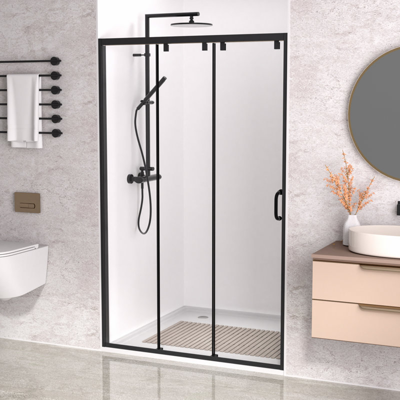 Porte de douche coulissante encadrée l 48 po x H 76 po, verre trempé transparent de 5/16 po (8 mm) avec revêtement facile à nettoyer