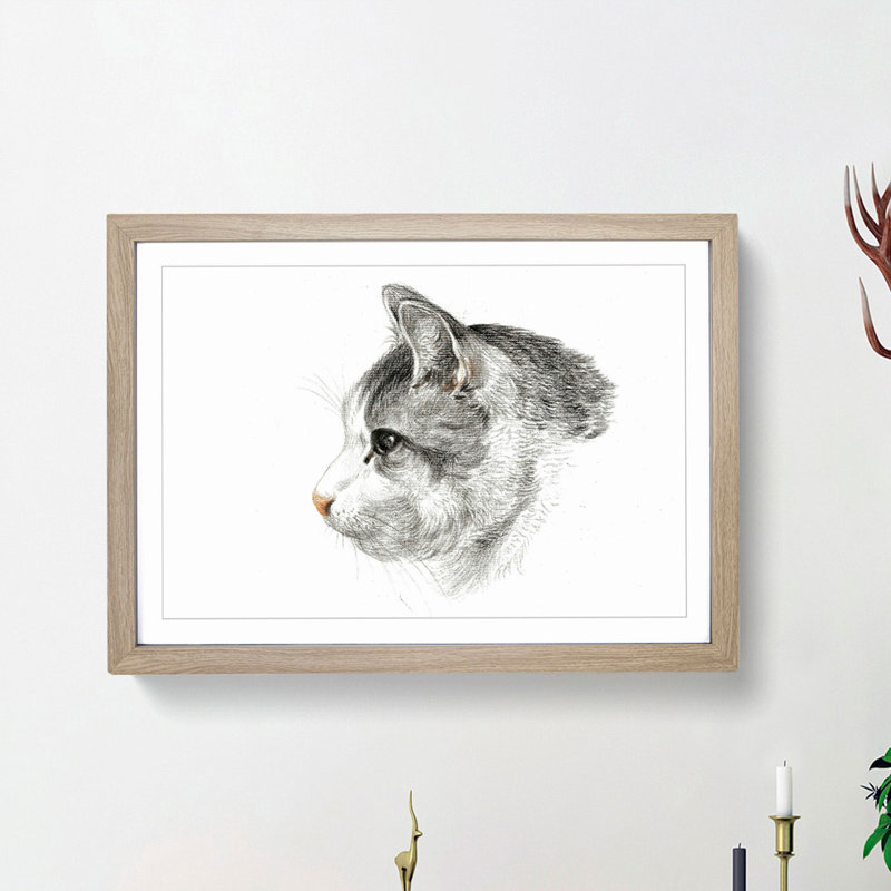 Portrait of a Cat by Jean Bernard - Picture Frame Drawing Print, Oak Framed, 27cm H x 36cm W x 2cm D