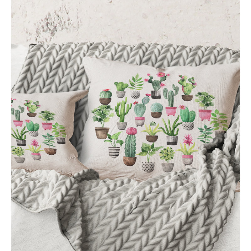 Rectangle, cactus dans des pots en céramique aux tons doux II - Coussin décoratif à imprimé traditionnel