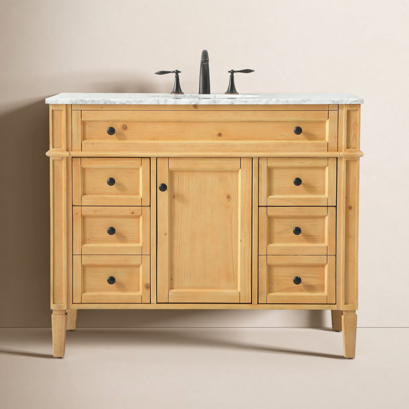 Rivers 42'' Single Bathroom Vanity with Carrara Marble Top, Natural Wood