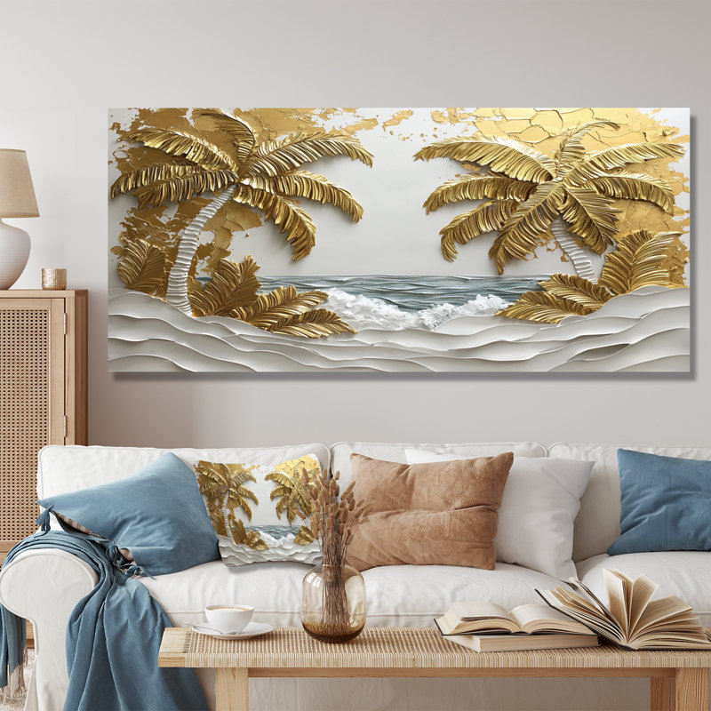 Golden Cream Palms On The Beach I - impression de palmiers sur métal, H 28 po x l 60 po