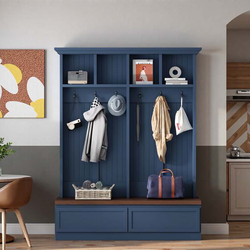 Farmhouse 4-in-1 Hall Tree With Wood Grain Bench And 2 Large Drawers, Blue