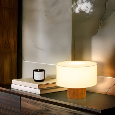 Oliver 10" Mid-Century Modern LED Table Lamp With Brown Wooden Base And Cream Fabric Shade