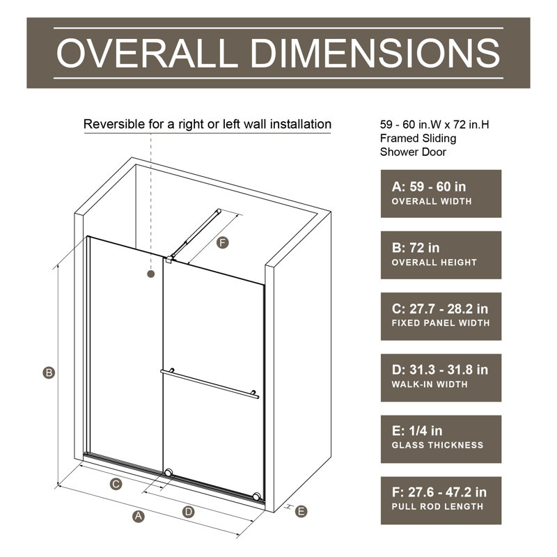 30 - 60 In.w X 72 In.h Shower Screen, 1/4 Inch Thick Glass, Stainless Steel Handle, Black Supporting Bar, Walk-in Door, Dual Usage, Stable Construction, Leak- Screen In.h, 1/4" Sliding And