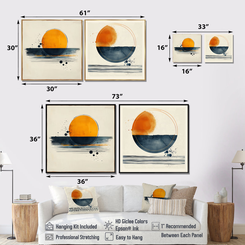 Abstrait bleu et orange Sunrise Life I - formes murales abstraites - art mural moderne 2 pièces, Argent argent