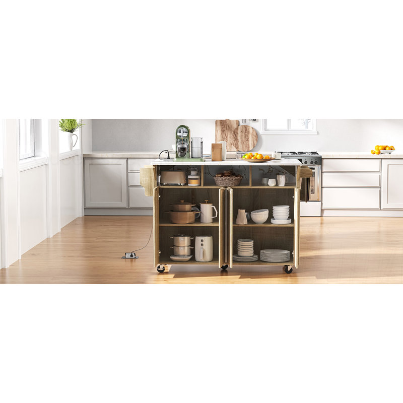 55.5" Fluted Kitchen Island with 2 Drop Leaf, Natural