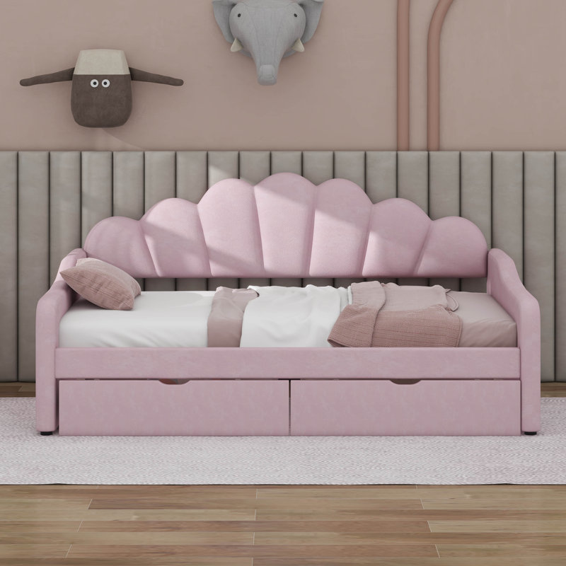 Full Size Upholstered Daybed With 2 Drawers, Wood Daybed With Shall Shaped Backrest, Pink