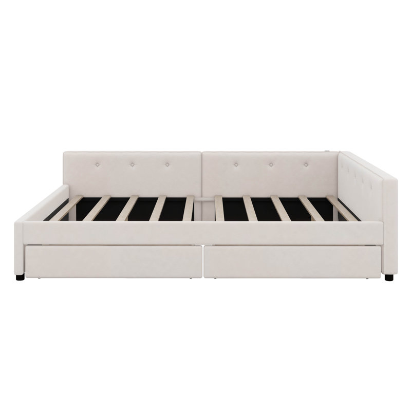 Upholstered Platform Bed With USB And 2 Drawers, Linen Upholstered Daybed, No Box Spring Needed, Queen