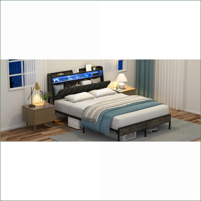 Base de lit plateforme grand en métal avec tête de lit ergonomique, rangement, station de charge et amp; Lumières DEL RVB