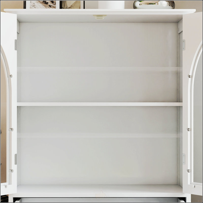 Armoire de rangement blanche de style campagne avec verre trempé arqué, plateau à niveaux et 2 tiroirs pour une organisation élégante à la maison