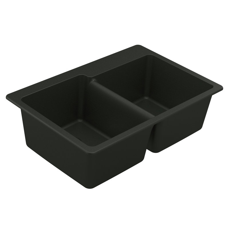 Host 33-Inch Wide x 9.5-Inch Deep Dual Mount Granite Double Bowl Kitchen Sink, Black
