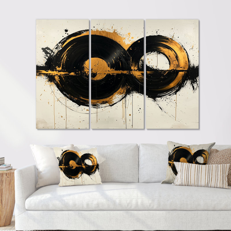 Cercle abstrait en tons de noir et or I - ensemble d'art mural formes abstraites, Toile tendue, H 28 po x l 36 po x P 1 po