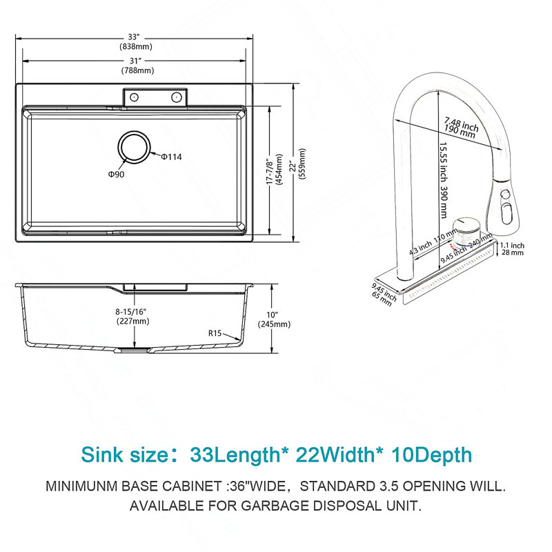 Drop-In Waterfall Kitchen Sink With Pull-Out Faucet, Composite Granite Quartz Single Bowl Workstation Design, Black, Black