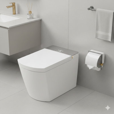 Toilette intelligente moderne intégrée d'une seule pièce, avec ouverture / fermeture automatique du couvercle, siège chauffant réglable en température, nettoyage instantané à l'eau chaude, capacité de chasse d'eau automatique, avec options de télécommande et chasse d'eau activée par capteur de pied.