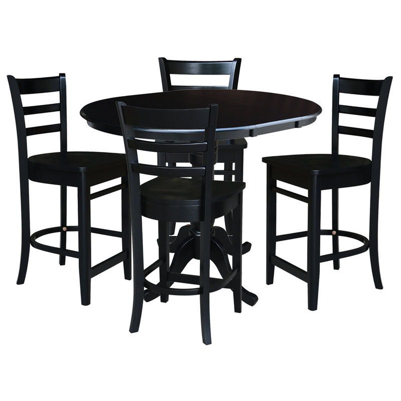 Counter Height Extendable Solid Wood Dining Set, Black, 5 Pieces