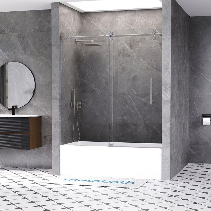 56"-60" W x 66" H Single Sliding Frameless Tub Door with 3/8"(10mm) Tempered Clear Glass, Nickel