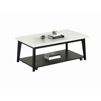 Rectangle Coffee Table W/ Caster Marble Top Bottom Storage Shelf