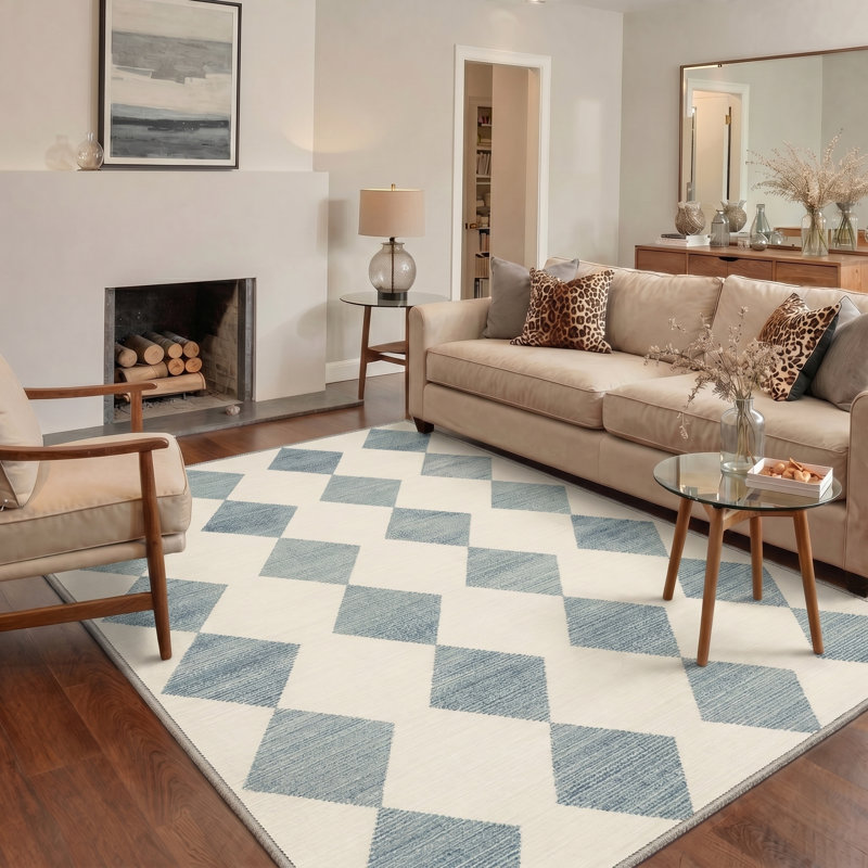 Liadan Diamondix Geometric Machine Washable Blue / Beige Indoor Area Rug with Non-Slip Backing, Rectangle 6' x 9'