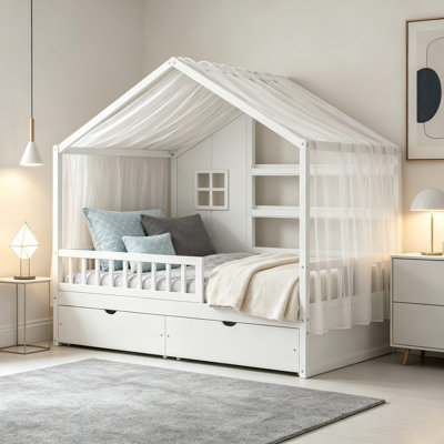 Lit de style maison basse avec rideaux, tiroirs de rangement et tablettes