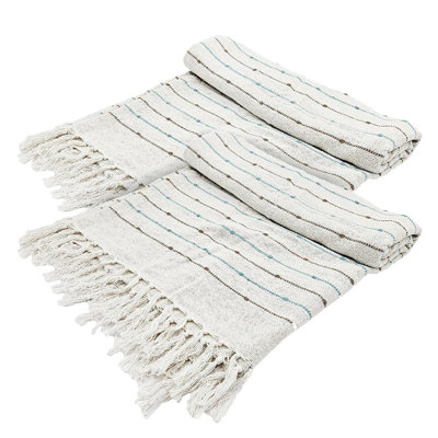 Decorative Cotton Throw Blanket with Tassels and Multicolored Stripes - Set of 2 - 50" x 60" - White