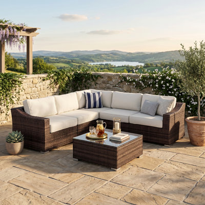 Aruba 94" W x 94" D x 26" H Handwoven HDPE Wicker and Aluminum Patio Sofa Group