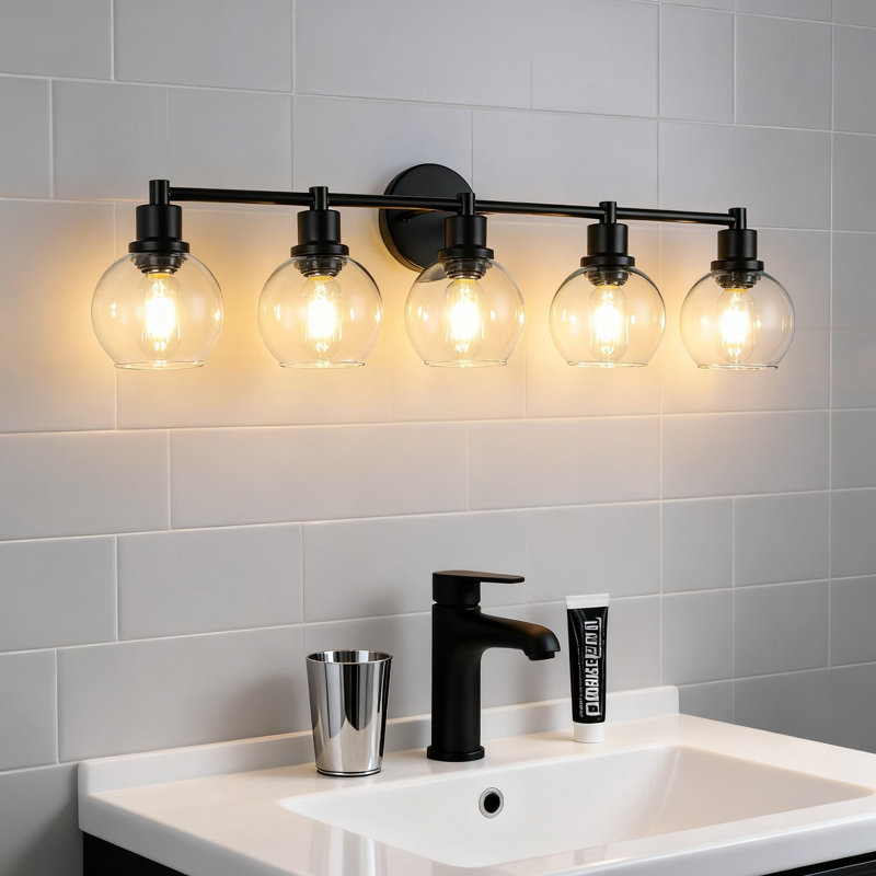 Luminaire de salle de bain 5 lumières, applique murale noire avec abat-jour en verre transparent pour éclairage en miroir, design moderne et classique