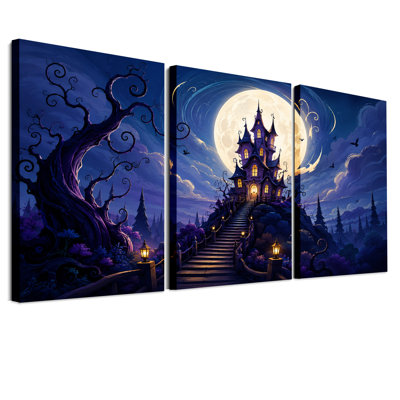 Château hanté sous la pleine lune avec Halloween - Ensemble de 3 toiles murales