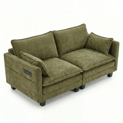  Living Room Loveseat, Modular Sectional Sofa, 2 Seater Sofa,Built-in USB Port,Chenille Upholstered Sofa With Ottoman,Light Green