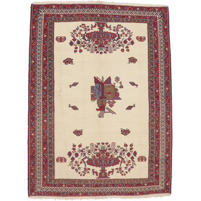 Cream Tribal Floral Design 4'6x6 Handwoven Sumak Oriental Rug