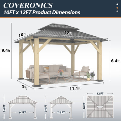 12 ft. W x 10 ft. D Outdoor Cedar Wood Gazebo with Galvanized Steel Double Roof