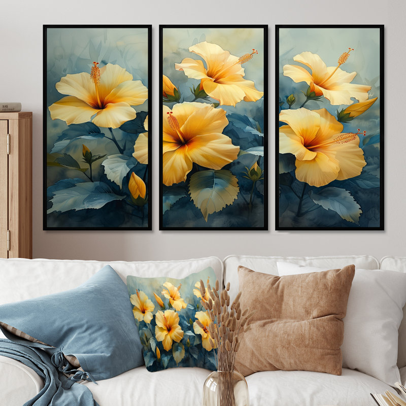 Marcel - Hibiscus, ensemble de reproductions d'art mural, Toile encadrée flottée blanche, H 28 po x l 36 po x P 1 po