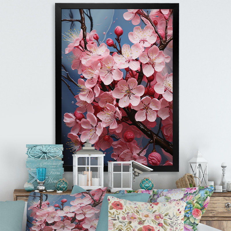 Fleur de pommier harmonie géométrique - art mural floral salon, H 40 po x l 30 po x P 2 po, Cadre d'angle fermé noir