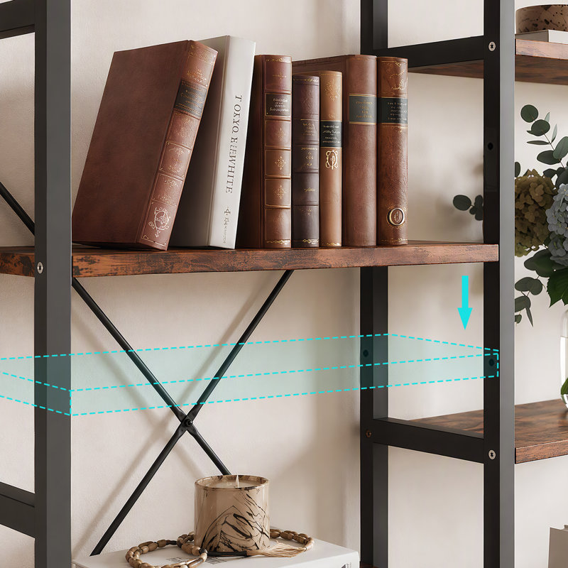 Industrial Triple Wide Bookcase, Open Display Bookshelf for Living Room, Bedroom, Home Office, Rustic Brown/Black